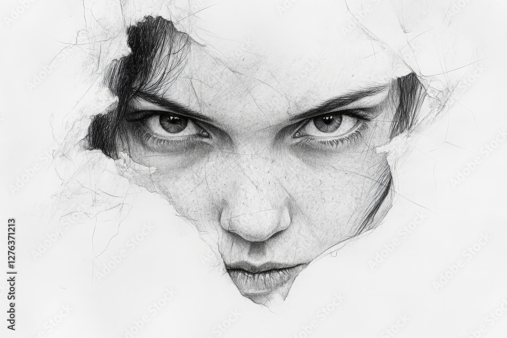 Obraz premium Intricate drawing of a young woman's intense gaze breaking through paper with detailed textures and shadows