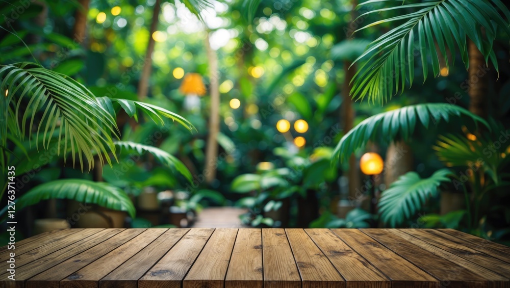 Wooden table in lush tropical garden with blurred greenery and soft lighting in background Wooden table in lush tropical garden with blurred greenery and soft lighting in background