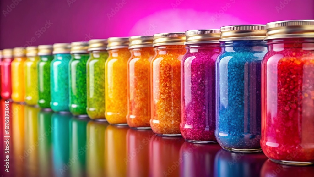 Vibrant Rainbow Marmalade Jars on Pink - Sweet Treats Stock Photo Vibrant Rainbow Marmalade Jars on Pink - Sweet Treats Stock Photo