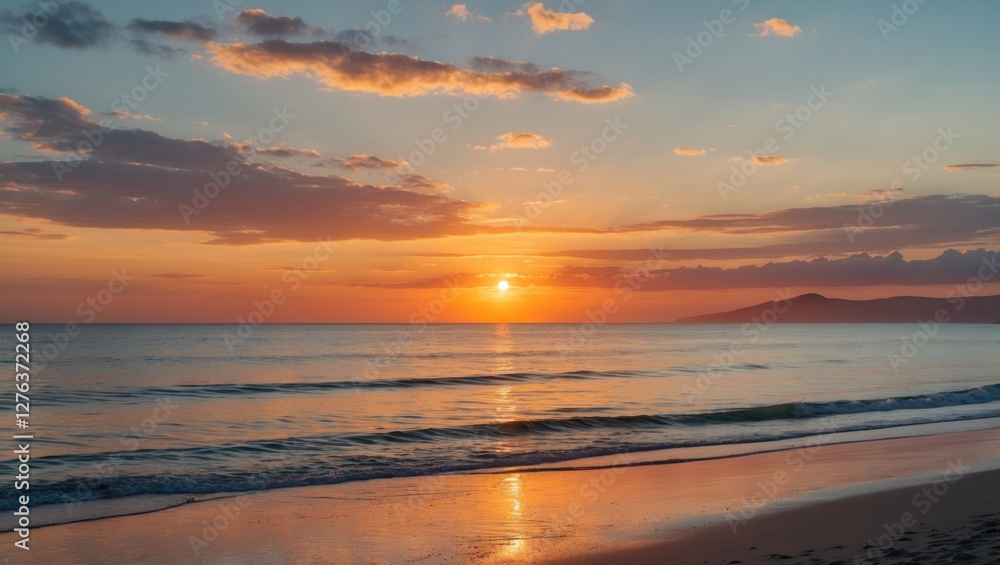 Sunset over calm ocean waters with waves lapping on sandy beach under a colorful sky with clouds and distant hills in the background Sunset over calm ocean waters with waves lapping on sandy beach under a colorful sky with clouds and distant hills in the background