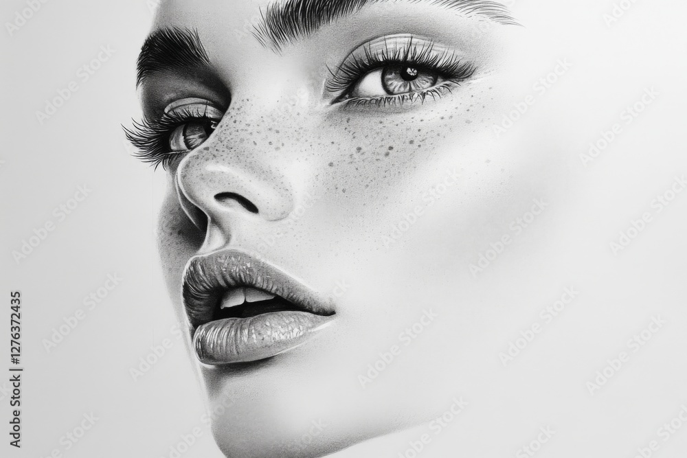 Fototapeta premium Detailed black and white portrait of a young woman showcasing natural beauty and freckles