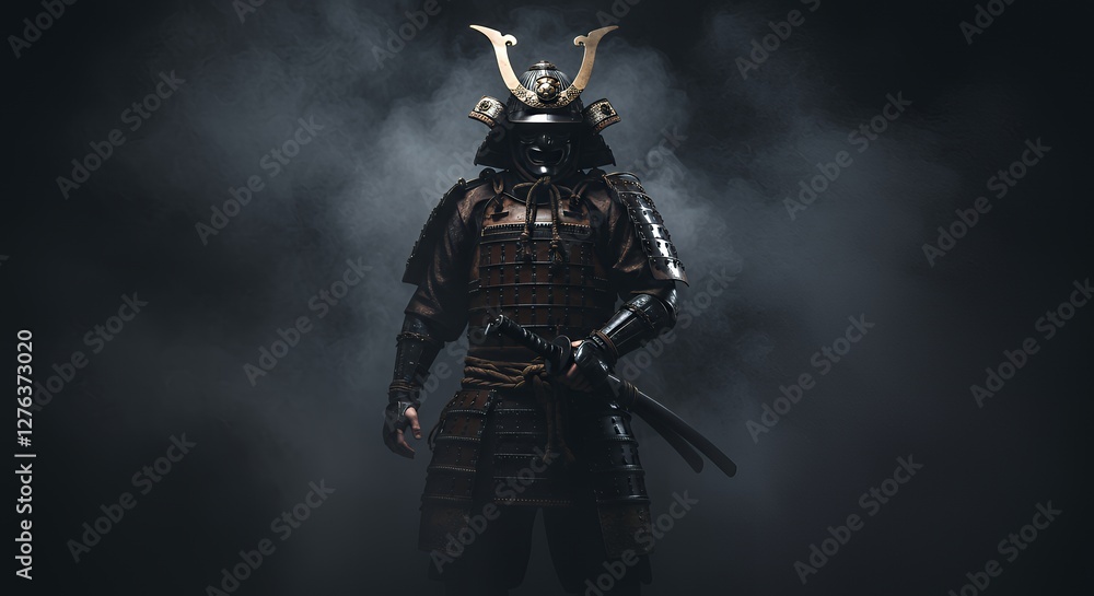 Fototapeta premium Warrior Samurai Standing Tall in Full Armor with Sword and Smoke