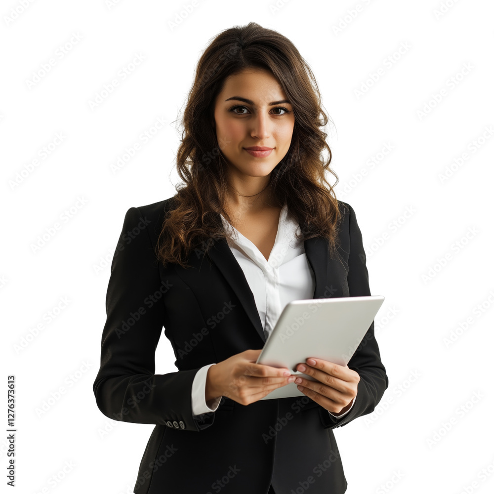 Young businesswoman working on a tablet isolated on white or transparent background Young businesswoman working on a tablet isolated on white or transparent background