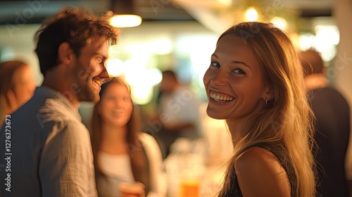 Wallpaper Mural Joyful woman smiles at the camera in a lively social gathering Torontodigital.ca