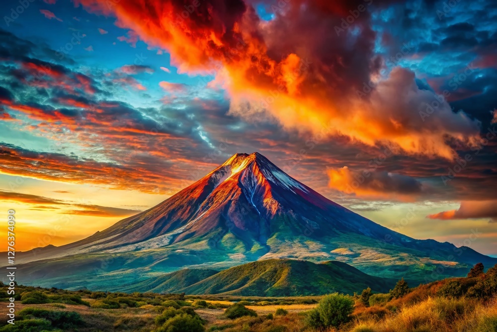 Fototapeta premium Vibrant Tangerine & Aqua Volcanic Peaks at Sunset - Dramatic Landscape Photography