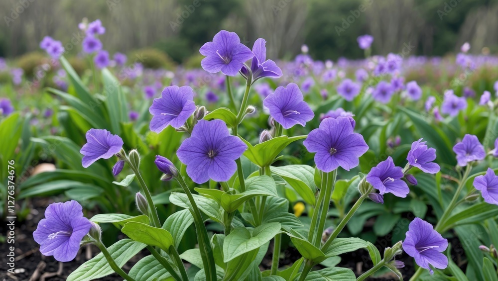 Vibrant purple flowers blooming in a lush green garden with a blurred background of trees and additional flowers Vibrant purple flowers blooming in a lush green garden with a blurred background of trees and additional flowers