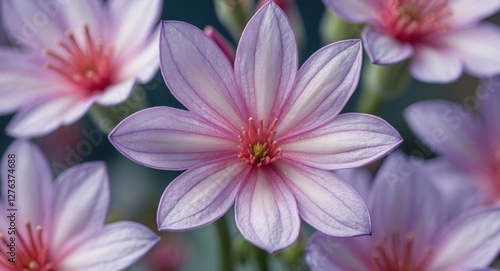 Pink and white flowers in bloom with delicate petals and green stems on a blurred background. Floral close-up photography. photo