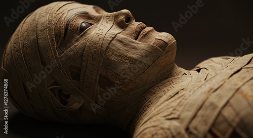 Egyptian Mummy Resting Close-up Wrapped in Linen with Hieroglyphics