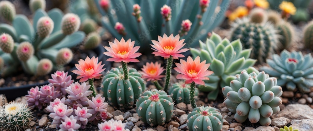 Fototapeta premium Variety of colorful cacti and succulent plants with pink flowers in a rocky landscape setting