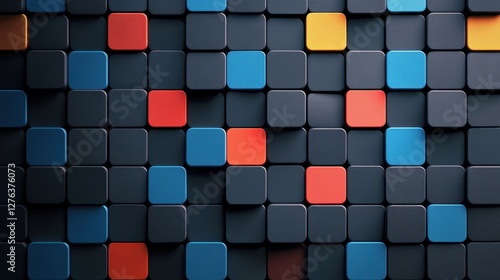 Colorful pattern of 3d geometric blocks in black, blue, and red abstract grid