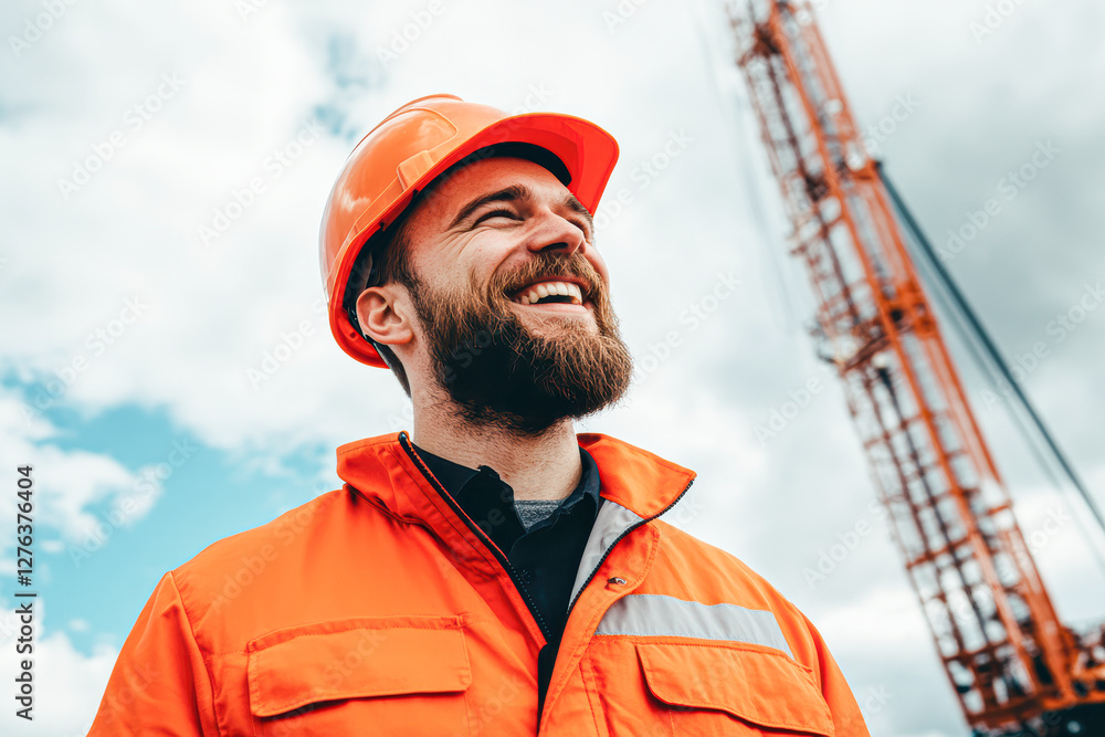 Smiling construction worker in safety gear against a backdrop of machinery and clouds. Smiling construction worker in safety gear against a backdrop of machinery and clouds.