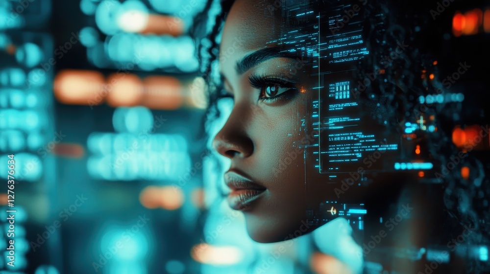Focused woman analyzing digital data with holographic interface Focused woman analyzing digital data with holographic interface