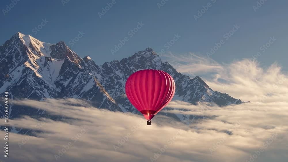Hot air balloon floating over majestic mountains, adventure and exploration concept Hot air balloon floating over majestic mountains, adventure and exploration concept