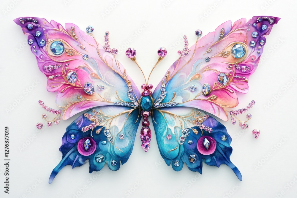 Fototapeta premium Jeweled butterfly craft, studio shot, white background, decorative art