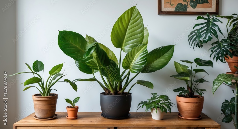 Indoor plants arranged on a wooden table with various pots and vibrant foliage against a light wall background Indoor plants arranged on a wooden table with various pots and vibrant foliage against a light wall background