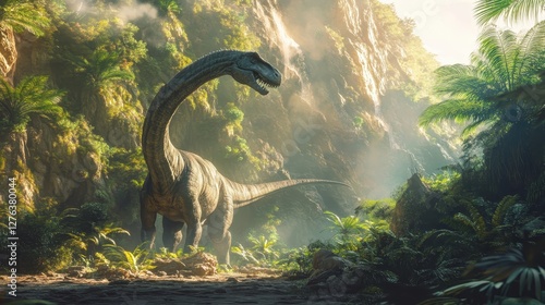 Fototapeta Naklejka Na Ścianę i Meble -  Giant brachiosaurus roaming lush prehistoric jungle surrounded by dense greenery and misty mountains
