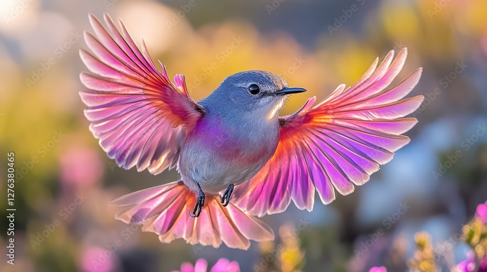 Pink bird flight, meadow, sunrise, nature, poster Pink bird flight, meadow, sunrise, nature, poster