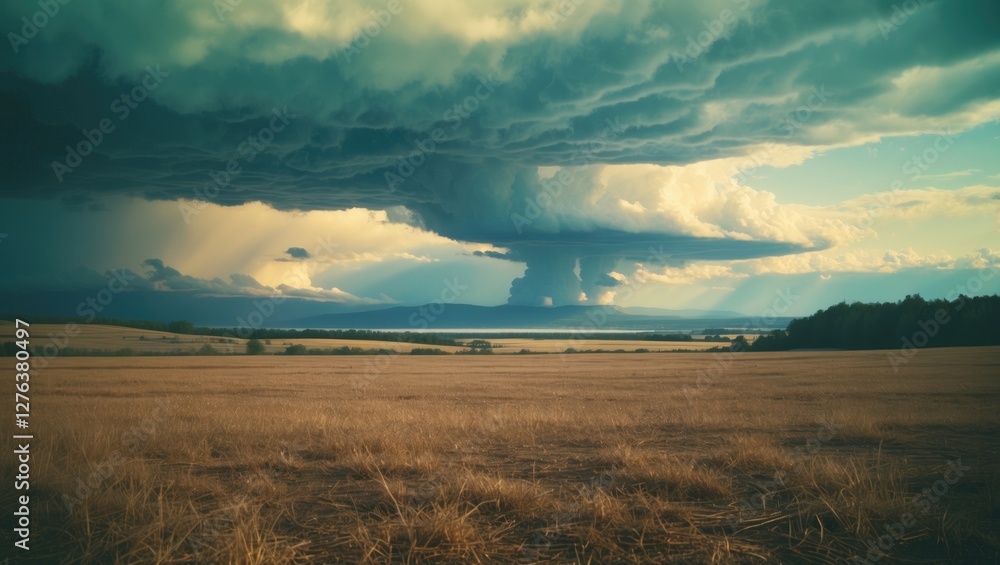 Dramatic storm clouds gathering over a vast golden field under a moody sky with hints of sunlight peeking through the clouds Dramatic storm clouds gathering over a vast golden field under a moody sky with hints of sunlight peeking through the clouds