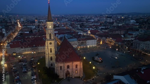 night Cluj Napoca aerial view, central square in Romanian town of Cluj Napoca, travel in Transilvania, Romania 