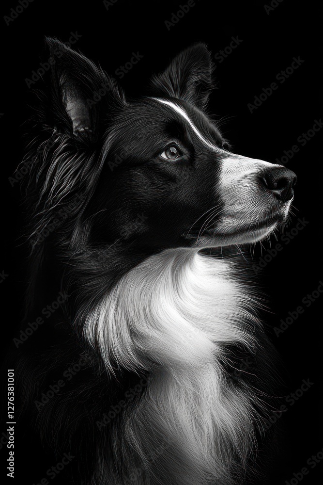 Elegant black and white border collie portrait, studio shot, dark background, pet photography Elegant black and white border collie portrait, studio shot, dark background, pet photography