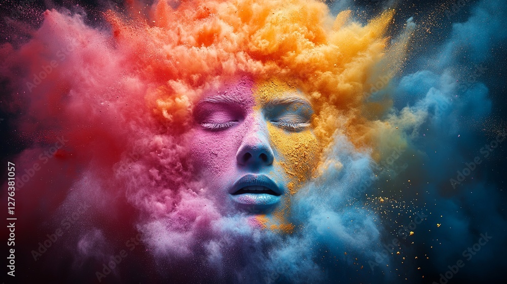 A mesmerizing close-up of a woman's face, enveloped in vibrant colored powders, representing emotions and creativity. A mesmerizing close-up of a woman's face, enveloped in vibrant colored powders, representing emotions and creativity.