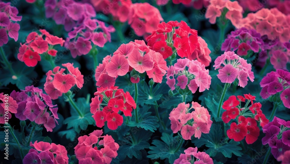 Vibrant display of blooming geranium flowers in various shades of pink and red amidst lush green foliage Vibrant display of blooming geranium flowers in various shades of pink and red amidst lush green foliage