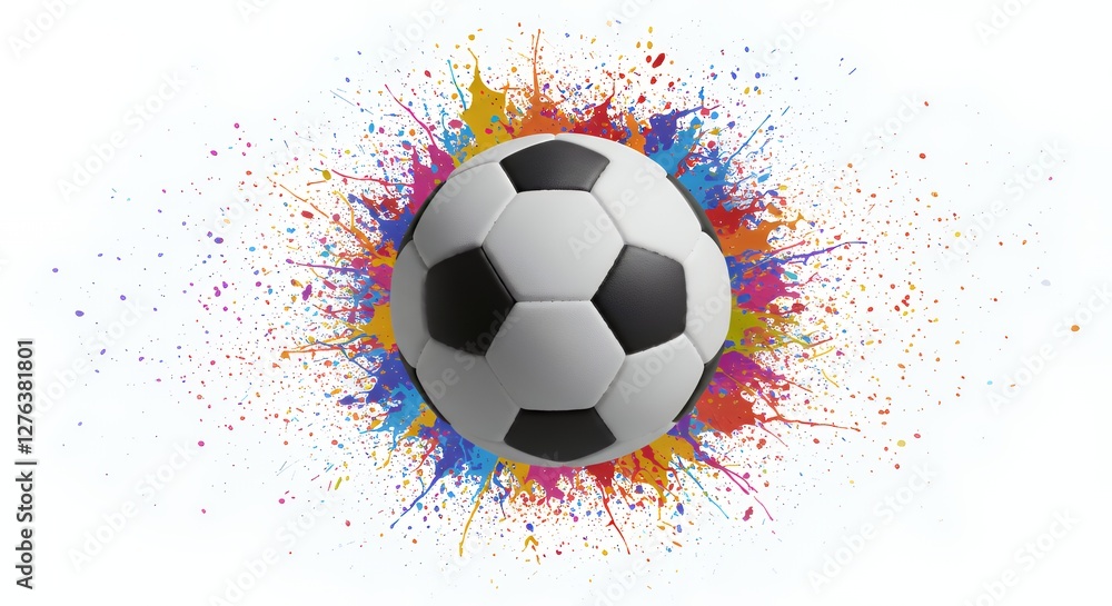 Fototapeta premium Soccer Ball with Colorful Paint Splatter Design on White Background