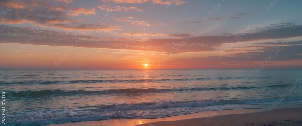 Sunset over calm ocean waves with colorful clouds and horizon at twilight on a sandy beach Sunset over calm ocean waves with colorful clouds and horizon at twilight on a sandy beach