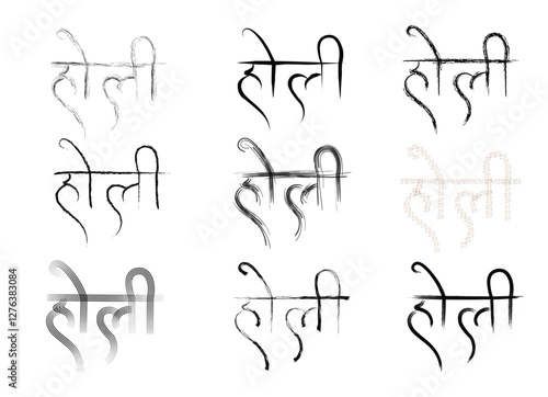 Set of Holi Hindi text meaning Holi Indian festival of colors Typography on white isolated