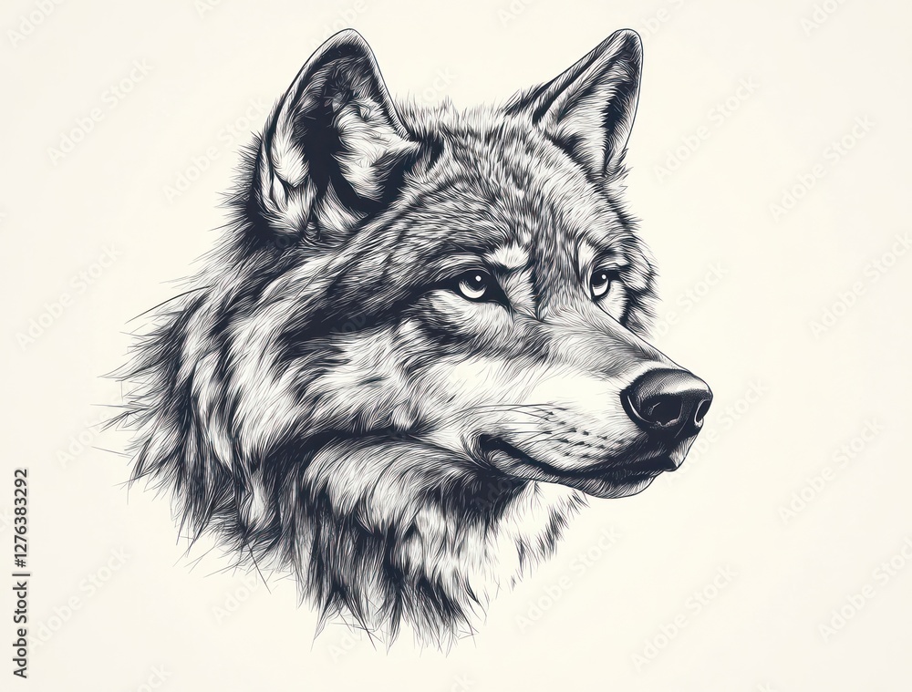 Fototapeta Wolf head sketch, grayscale, profile,  background, design.
