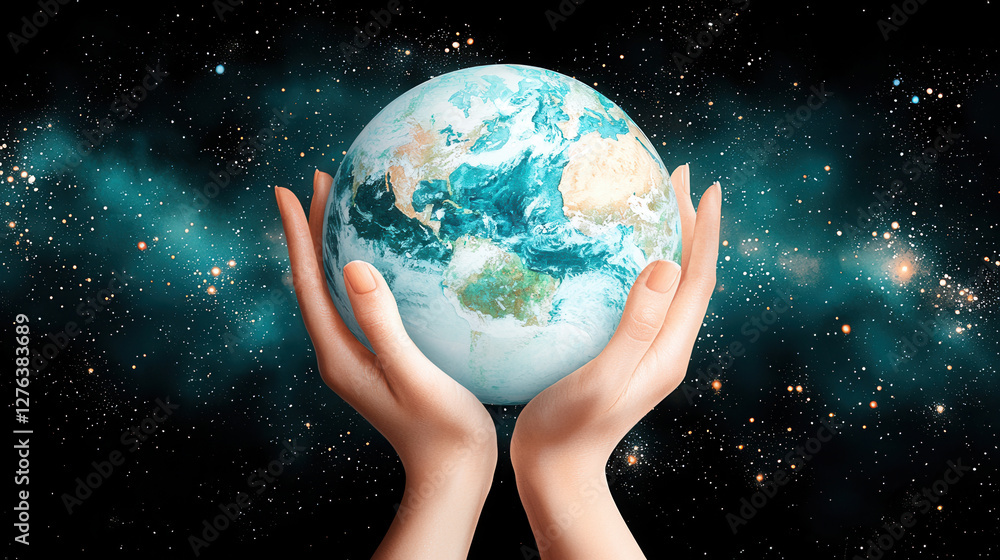 Watercolor Hands Holding the Planet Save the Earth Theme. Hands holding a glowing Earth in a cosmic background Watercolor Hands Holding the Planet Save the Earth Theme. Hands holding a glowing Earth in a cosmic background