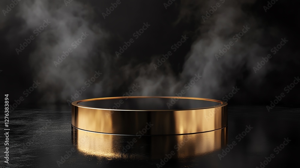 Modern gold pedestal with a minimalist design, positioned on a reflective black surface, accentuated by dramatic lighting and subtle fog effects 3D rendering Modern gold pedestal with a minimalist design, positioned on a reflective black surface, accentuated by dramatic lighting and subtle fog effects 3D rendering