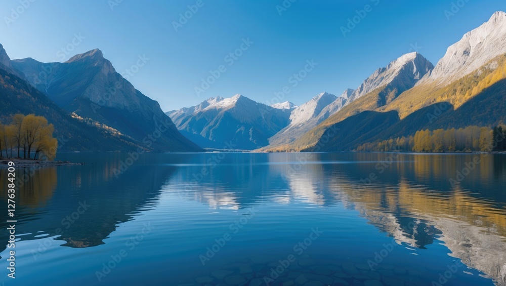 Mountain landscape with clear lake reflecting peaks under blue sky in autumn season Mountain landscape with clear lake reflecting peaks under blue sky in autumn season