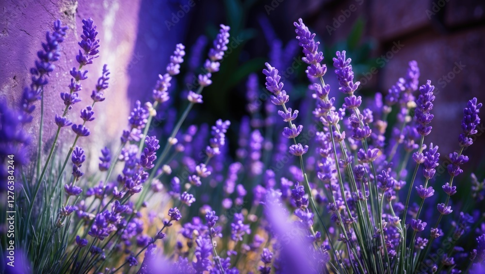Fototapeta premium Lavender flowers in full bloom with vibrant purple petals against a textured background in a natural garden setting