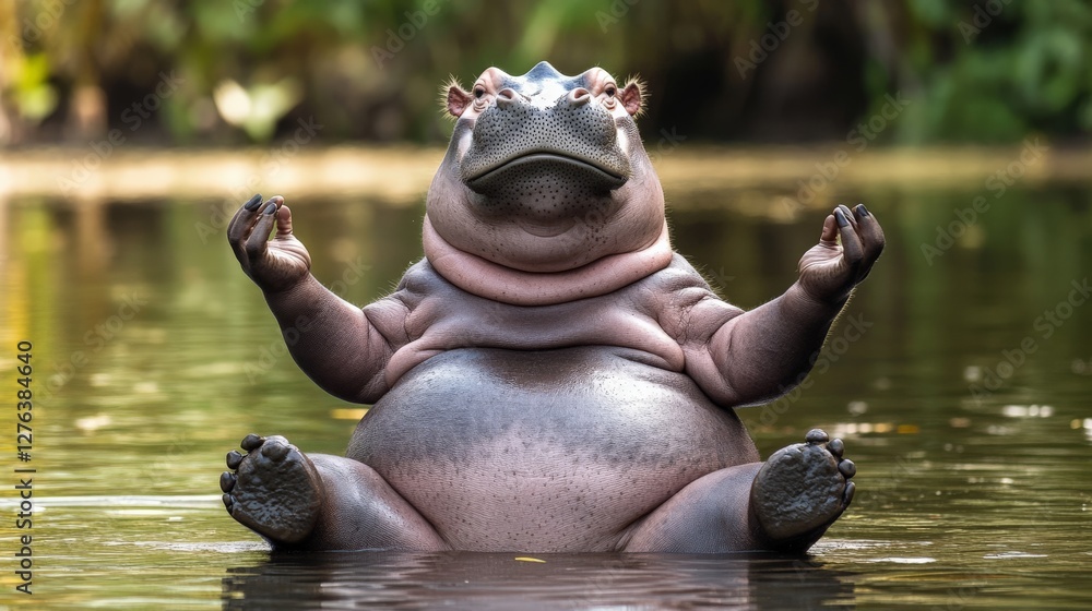 Obraz premium A hippo doing yoga, striking an impossible pose, looking both serene and comically ridiculous.