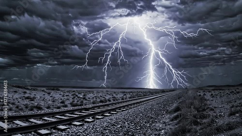 Railroad under dramatic lightning storm, powerful nature phenomenon. Atmospheric landscape and weather concept