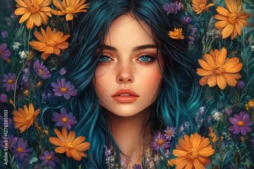 Close-up portrait of young woman among vibrant flowers in a lush garden setting