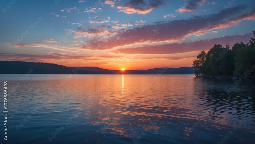 Sunset over a calm lake with reflections on water and trees along the shore against a colorful sky with clouds. Sunset over a calm lake with reflections on water and trees along the shore against a colorful sky with clouds.