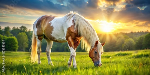 White and Brown Horse Grazing in Lush Green Pasture - Stock Photo