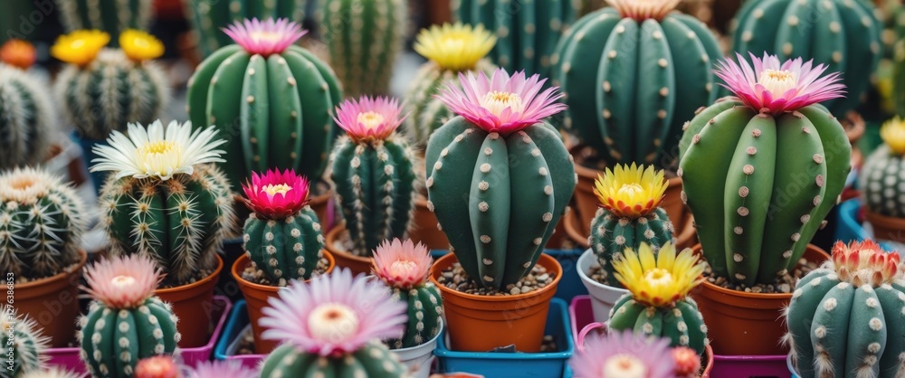 Colorful variety of flowering cacti in pots displayed in a garden setting with vibrant blooms and different sizes of cacti plants. Colorful variety of flowering cacti in pots displayed in a garden setting with vibrant blooms and different sizes of cacti plants.