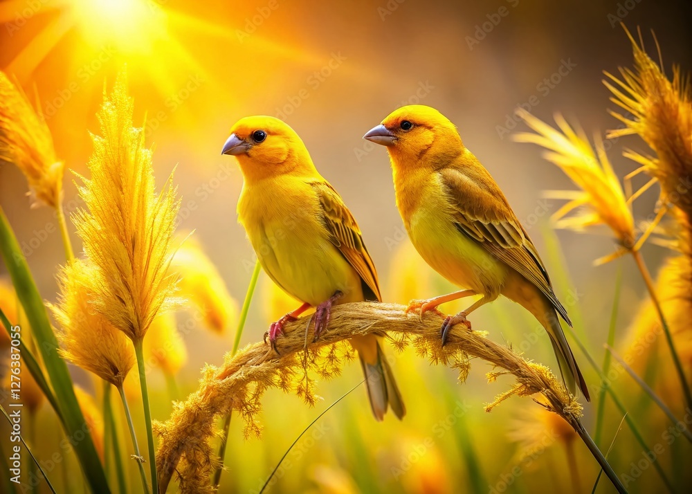 Obraz premium Yellow Bird Couple on Golden Grass, Botanic Garden - Romantic Nature Stock Photo