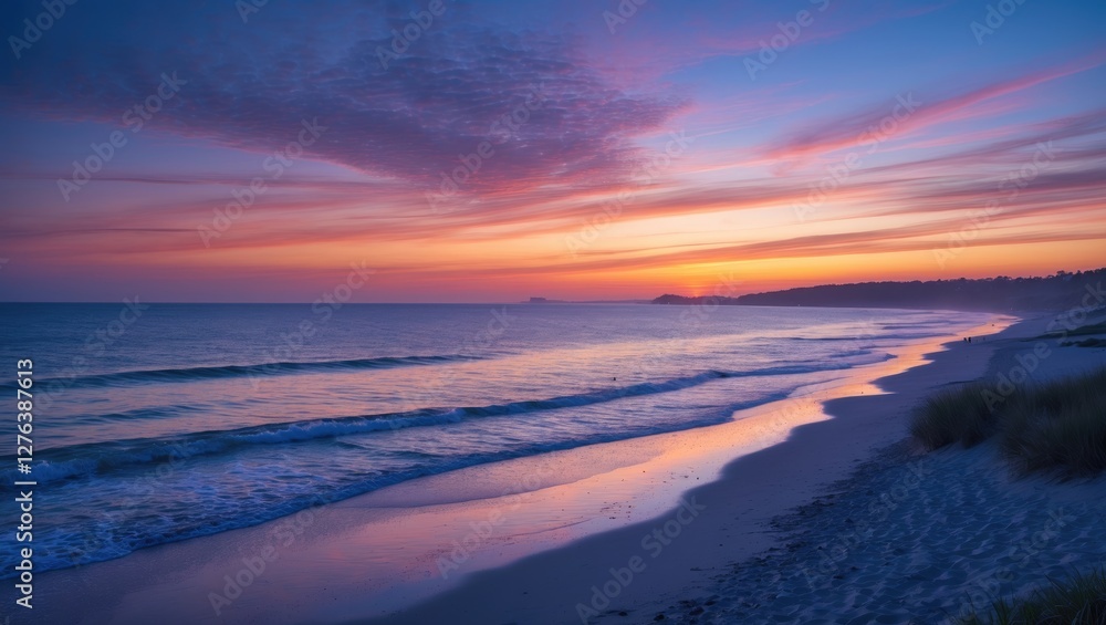 sunset over calm ocean waves with colorful sky and sandy beach shoreline at twilight time sunset over calm ocean waves with colorful sky and sandy beach shoreline at twilight time