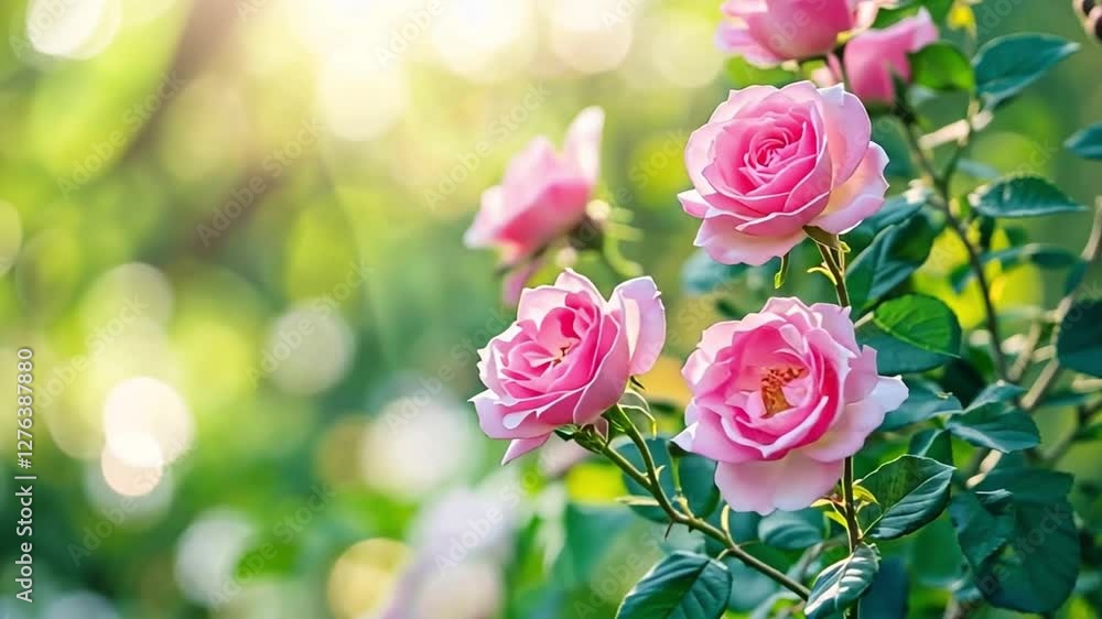 This beautiful video features pink roses surrounded by lush greenery. The gentle sunlight enhances the serene garden feel. Ideal for decoration and inspiration. Generative AI This beautiful video features pink roses surrounded by lush greenery. The gentle sunlight enhances the serene garden feel. Ideal for decoration and inspiration. Generative AI