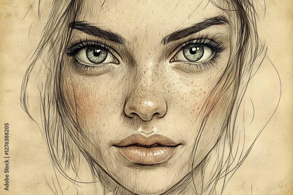 Obraz premium Portrait of a young woman with captivating green eyes and delicate freckles, showcasing intricate artistic details and a natural expression