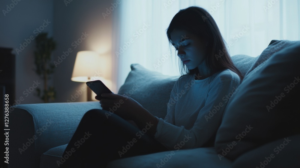 Social media rumors affecting a teenager at home. Featuring worry and curiosity Social media rumors affecting a teenager at home. Featuring worry and curiosity