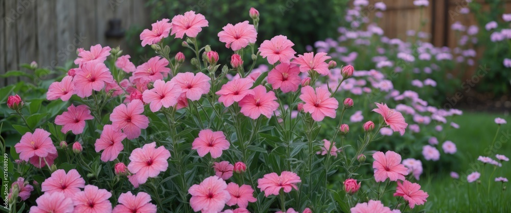 Pink flowering plants in a residential garden, softly lit with green grass and wooden fence in the background, displaying vibrant colors. Pink flowering plants in a residential garden, softly lit with green grass and wooden fence in the background, displaying vibrant colors.