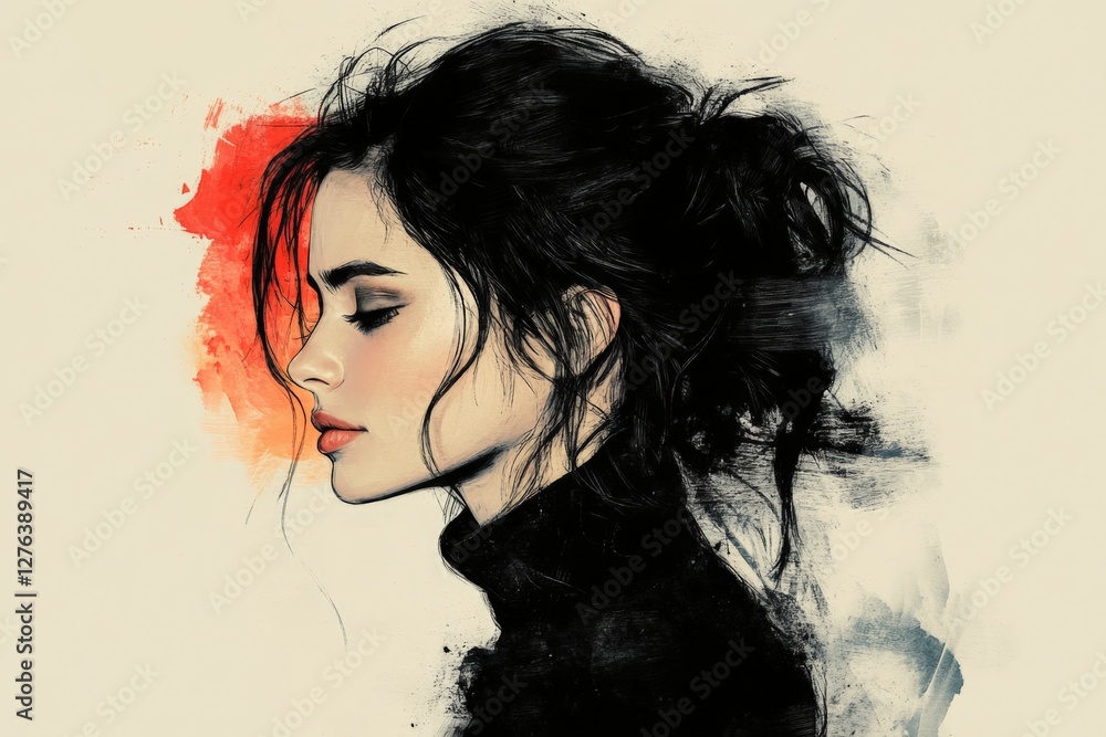 Fototapeta premium Artistic representation of a young woman in profile with expressive color splashes in the background capturing a contemplative mood
