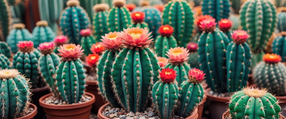 Colorful cacti with vibrant flowers in pots in a greenhouse setting showcasing botanical diversity and lush greenery Colorful cacti with vibrant flowers in pots in a greenhouse setting showcasing botanical diversity and lush greenery