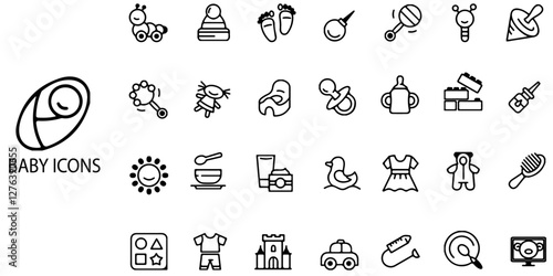 Baby simple concept 28 icons set. Contain such ift, girl, boy, swing, child chair, ball, diaper, changing table, bike, lolipop and bottle and more .Vector illustration.