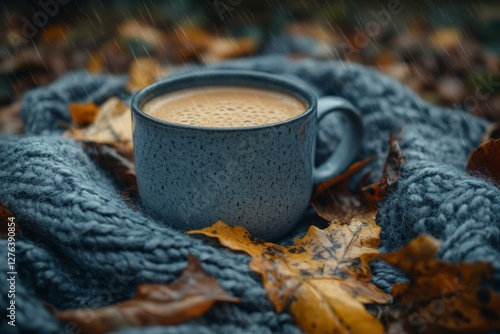 Cozy mug of warm drink surrounded by autumn leaves on soft blue blanket in rainy weather photo